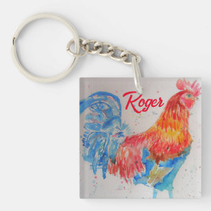 Porte-clés Rooster rouge aquarelle peinture art poulet