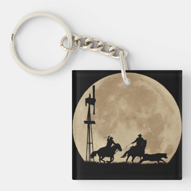 Porte-clés Roping Cowboys avec Steer et Windmill et Moon (Devant)