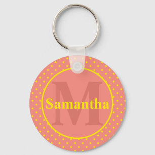 Porte-clés Rose avec Pois Jaune Monogramme Personnalisé