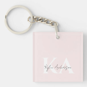 Porte-clés Rose Blush moderne Nom du monogramme personnalisé 