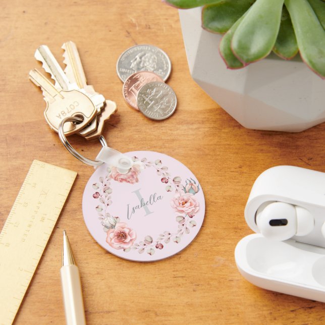 Porte-clés Rose d'aquarelle Wreath personnalisée | Rose (Bureau)