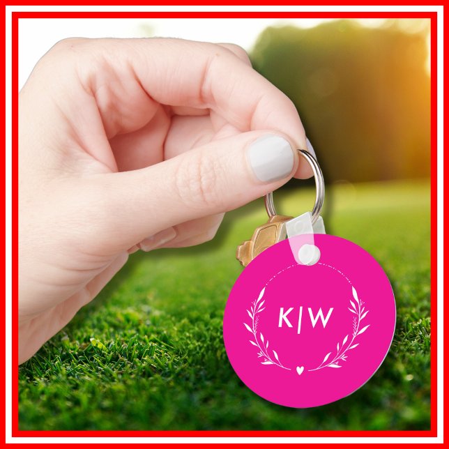 Porte-clés Rose et Blanc | Monogramme Initiales Moderne (Pink and White | Modern Initials Monogram Keychain)