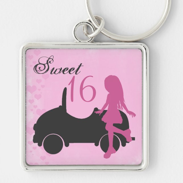Porte-clés Rose et noir Sweet 16 Silhouette fille avec voitur (Devant)