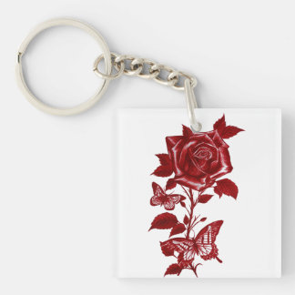 Porte-clés Rose et Papillons à l'Encre Rouge Romantique Graph