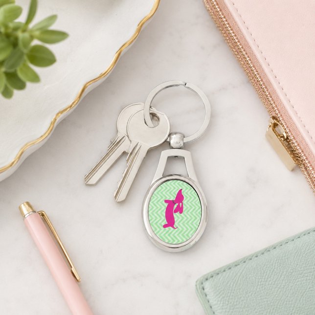Porte-clés rose et vert teckel (Dachshund Pink and Green Key Ring)