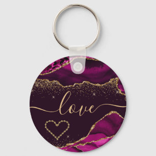 Porte-clés Rose foncé et agate de strass doré faux pour la Sa