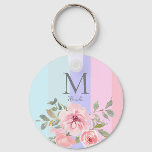 Porte-clés Rose girly bleu rayé floral monogramme 