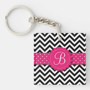 Porte-clés Rose Girly de monogramme blanc noir élégant de