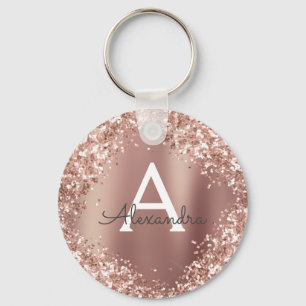 Porte-clés Rose Gold Pailleté Monogramme Rose Foncé