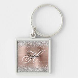 Porte-clés Rose Gold Paillettes Argent Monogramme Fantaisie