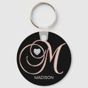 Porte-clés Rose personnalisé Coeur d'or Lettre monogramme M