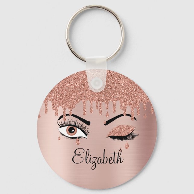 Porte-clés Rose Pink Gold Eyelashes Dripping Glitter (Recto)