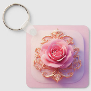 Porte-clés Rose rose avec détails ornementaux dorés complexes
