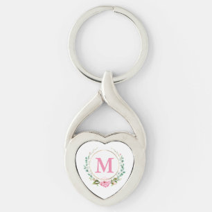 Porte-clés Rose rose et monogramme élégants avec couronne flo