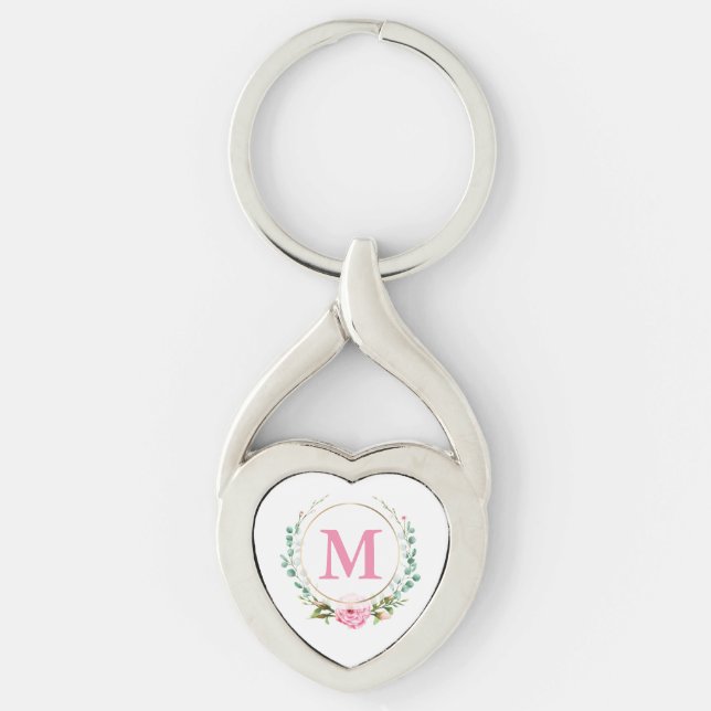 Porte-clés Rose rose et monogramme élégants avec couronne flo (Devant)
