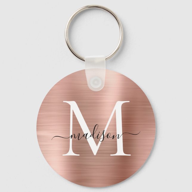 Porte-clés Rose Rose Or Brossé métal Girly Script Monogramme (Recto)