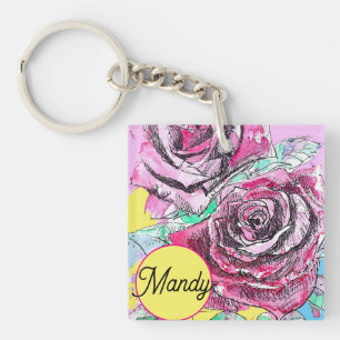 Porte-clés Rose rouge Aquarelle rose couleur rose maman art