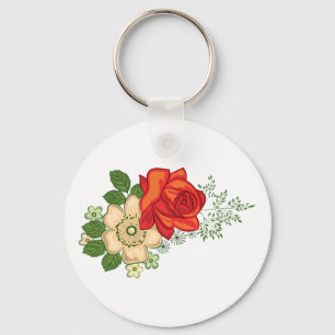 Porte-clés Rose rouge et marguerites