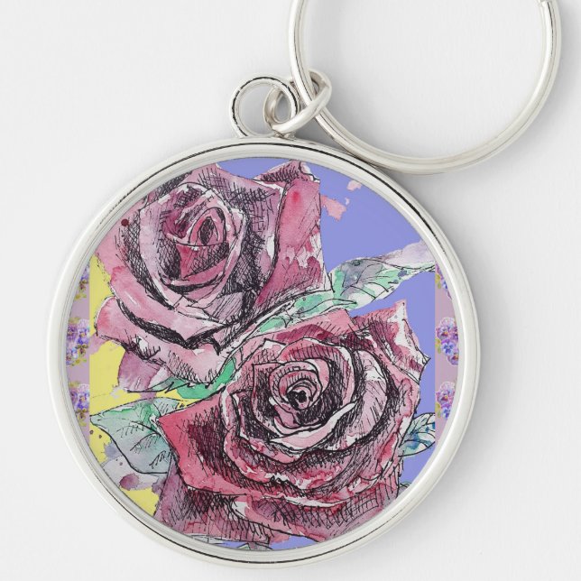 Porte-clés Rose rouge Fleurs d'aquarelle Floral Rose peinture (Devant)