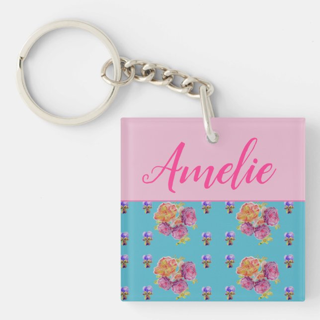 Porte-clés Rose rouge Shabby Chic Aqua Turquoise Floral Flowe (Devant)