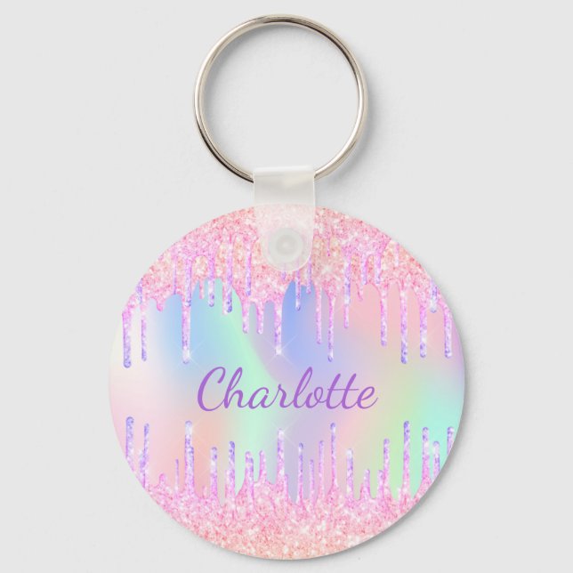Porte-clés Rose violet gouttes holographique (Recto)
