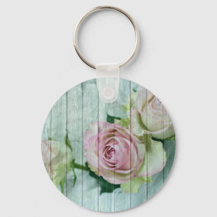 Porte-clés Roses Chic Rose Shabby Sur Bois Bleu