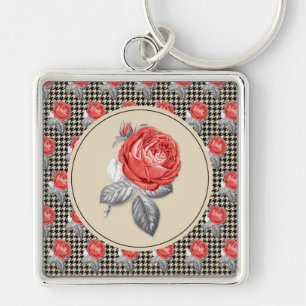 Porte-clés Roses roses anciennes et motif pied-de-poule