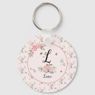 Porte-clés Roses roses élégants aquarelle avec papillons