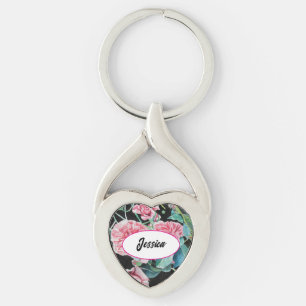 Porte-clés Roses roses Fleur Aquarelle Roses Clé noire anneau