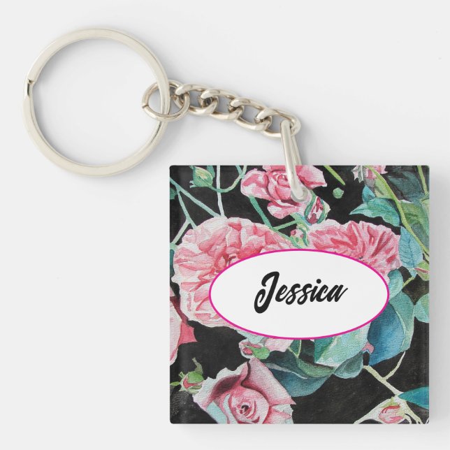 Porte-clés Roses roses Fleur Aquarelle Roses Clé noire anneau (Devant)