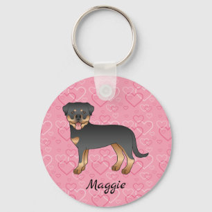 Porte-clés Rottweiler noir et feu sur cœurs roses & nom