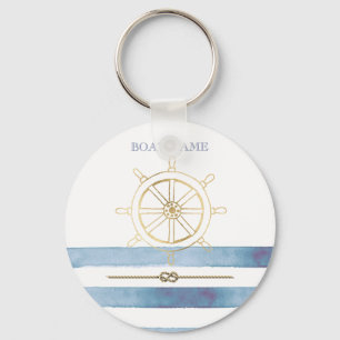 Porte-clés Roue de bateau en or nautique, rayures d'aquarelle