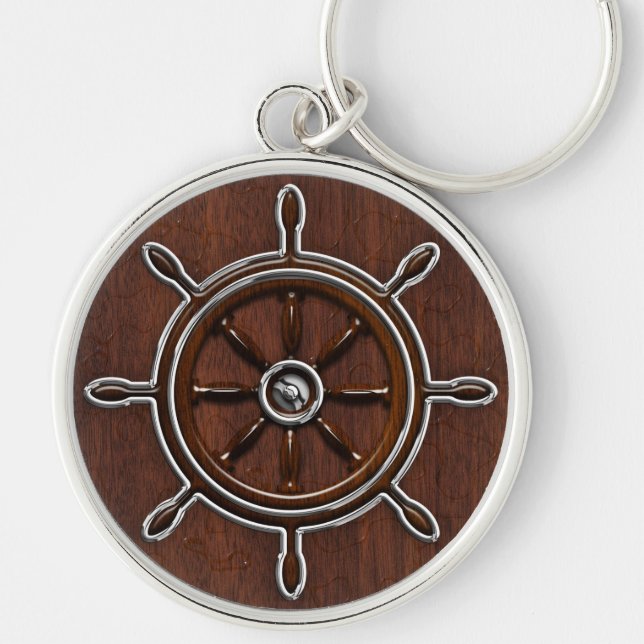Porte-clés Roue marine en acajou nautique (Devant)