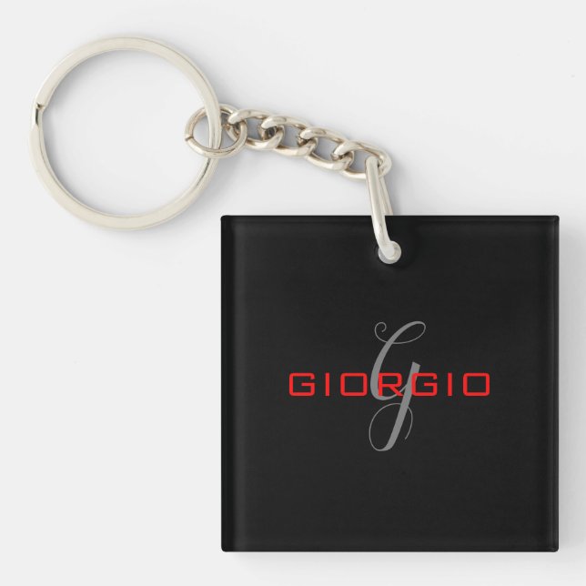 Porte-clés Rouge noir Votre nom Monogramme initial Moderne (Devant)