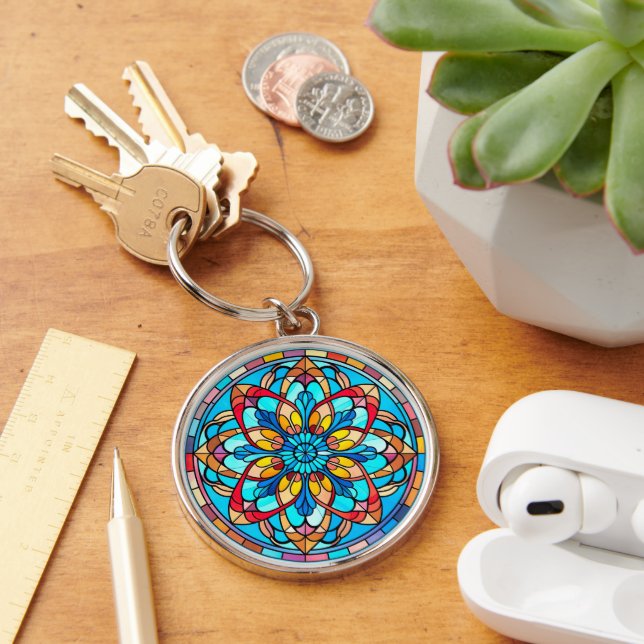 Porte-clés Rouge or bleu Mandala verre tendu (Bureau)