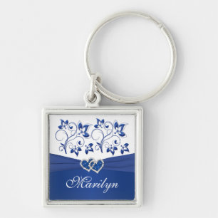 Porte-clés Royal Blue, White Floral Hearts Porte - clé avec l