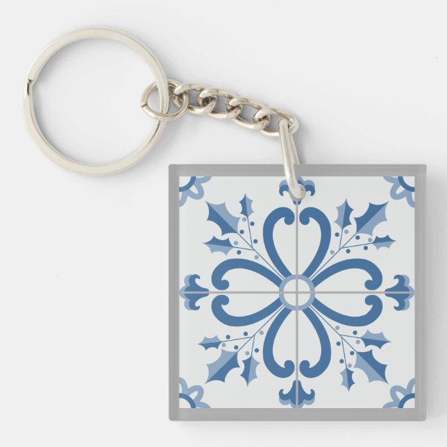 Porte-clés Sacré de Noël et pétales de fleurs carreaux bleus (Devant)