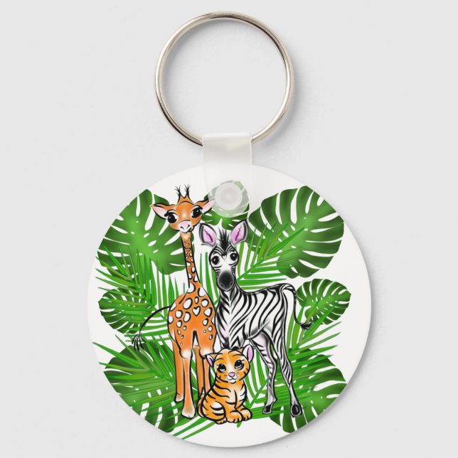 Porte-clés Safari amis, girafe, zèbre, tigre, palme feuilles (Recto)