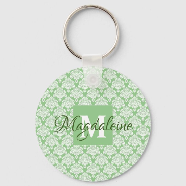 Porte-clés Sage Green Damask Porte - clé avec Monogram (Recto)