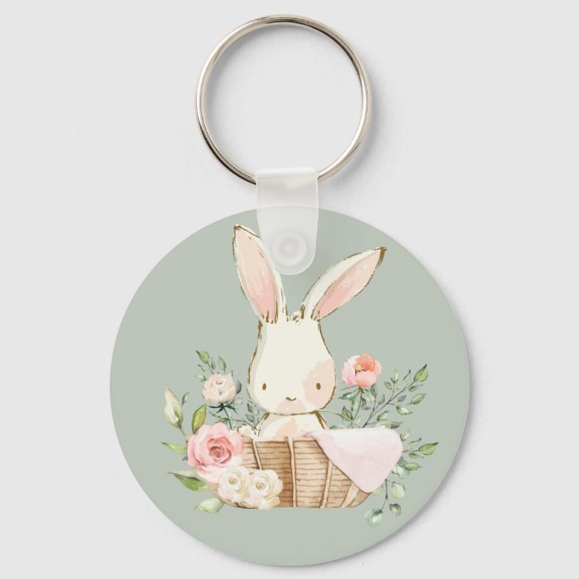 Porte-clés Sage Vert Aquarelle Bunny Lapin Lapin Bois (Recto)
