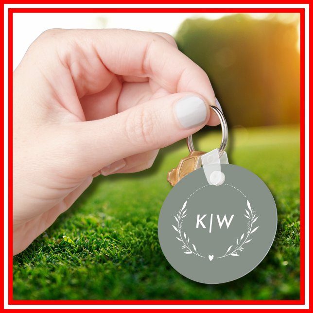 Porte-clés Sage vert et blanc | Monogramme des initiales mode (Créateur téléchargé)