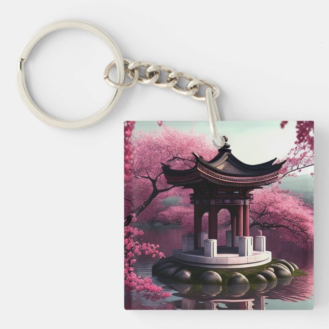 Porte-clés Sakura Cherry Blossom Garden Shrine Pond Japonais (Devant)