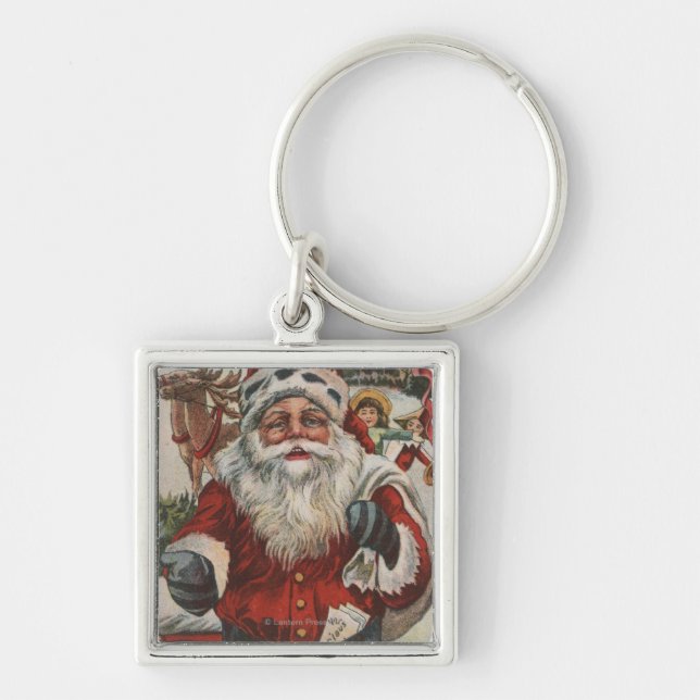 Porte-clés Salutation de NoëlPère Noël avec cerfs et enfants (Devant)