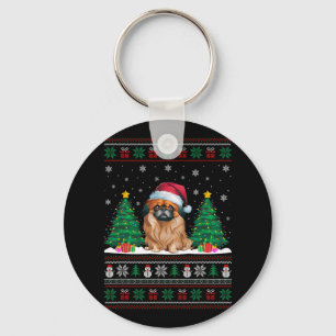 Porte-clés Santa Hat Pekingese Chien Noël Lumières des arbres