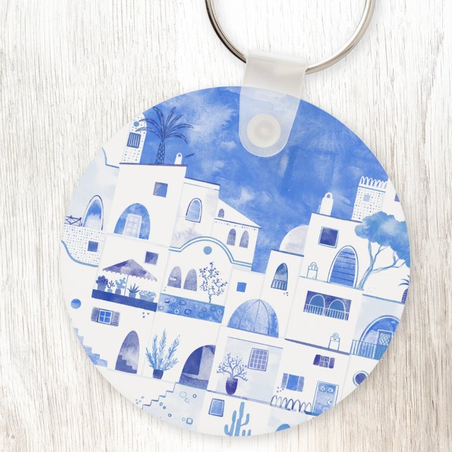 Porte-clés Santorin Grèce Aquarelle Townscape (Santorini Greece watercolor painting in blue and white on a keyring)