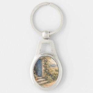Porte-clés Scène de chemin fleuri à la porte bleue du jardin 