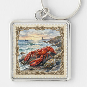 PORTE-CLÉS SCÈNE VINTAGE D'HOMARD SUR UNE PLAGE ROCHEUSE