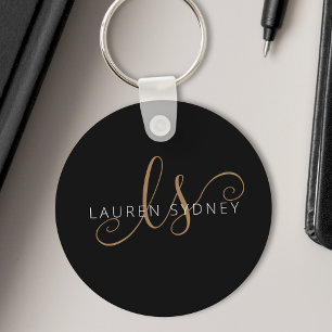 Porte-clés Script féminin Black Gold moderne Monogramme