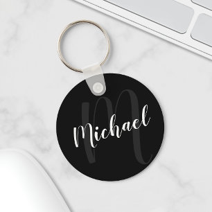 Porte-clés Script moderne Monogramme personnalisé et nom noir