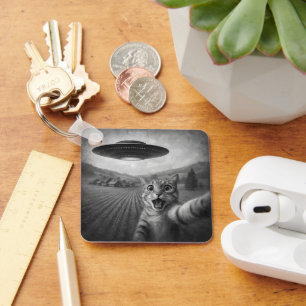 Porte-clés Selfie De Chat Avec Alien UFO Drôle Cadeaux De Cha